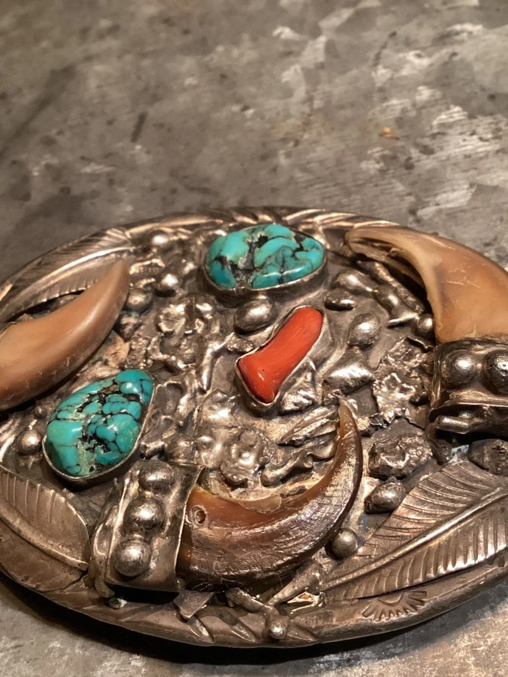 BEAR Claw BELT BUCKLE. OLD PAWN ? CORAL TURQUOISE. SIGNED “SC”